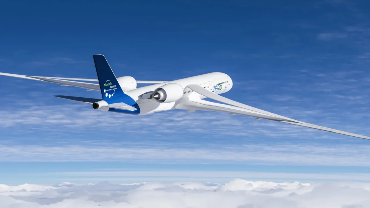 electric powered commercial airliner aeroplane flying in the bue sky