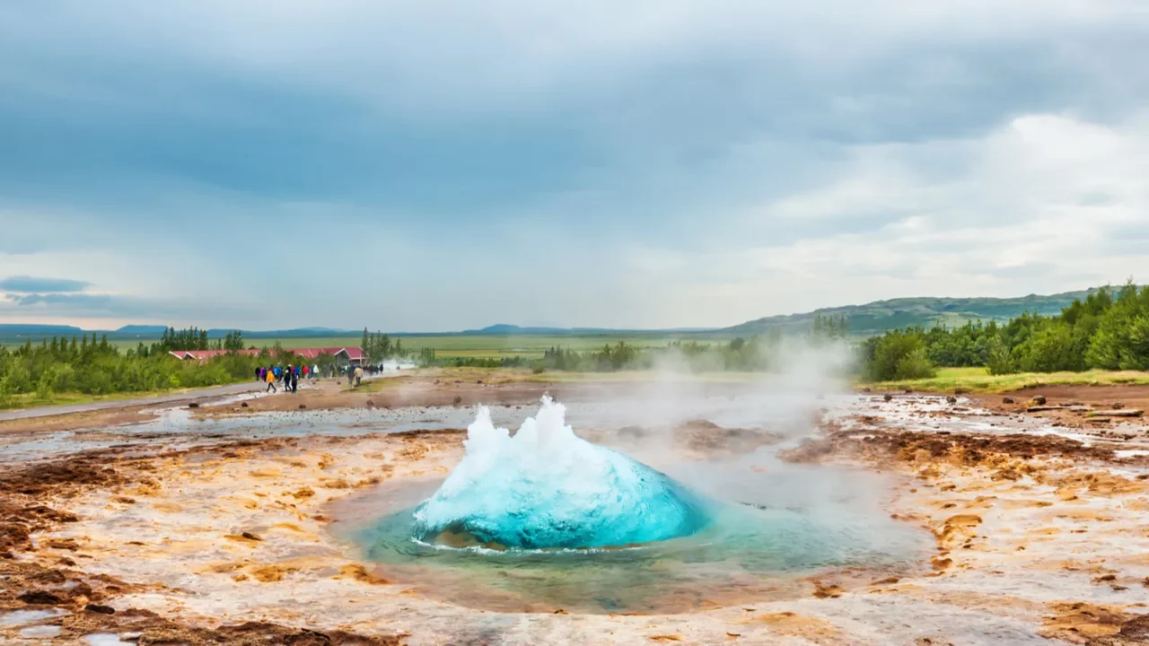 eruption of strokkur geysir golden circle route in iceland