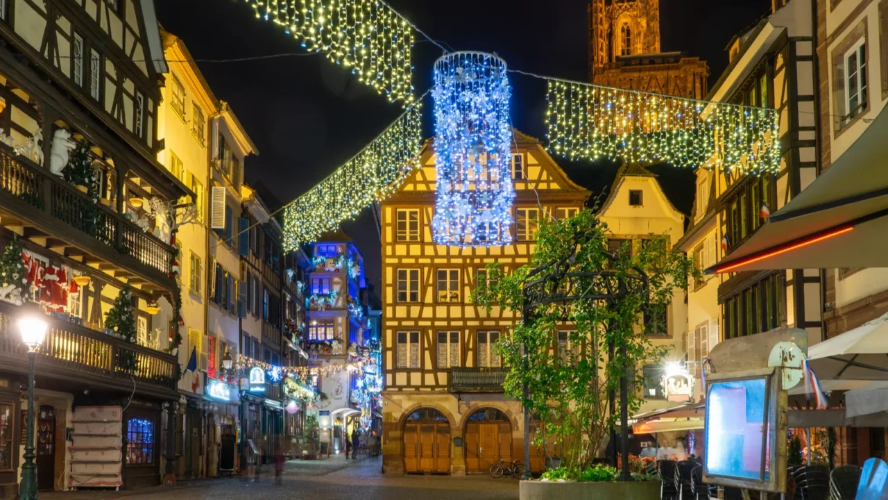 evening street in strassbourg france christmas decoration and lights