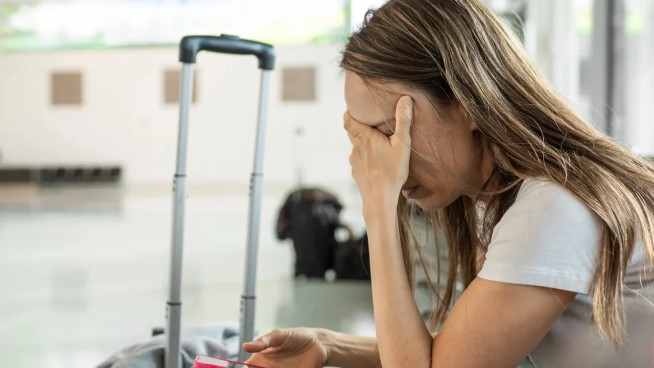 exhausted female passenger waiting for her rescheduled delayed flight with