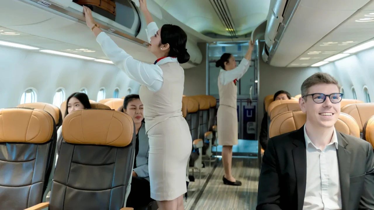 flight attendants assist passengers by closing overhead luggage bins inside