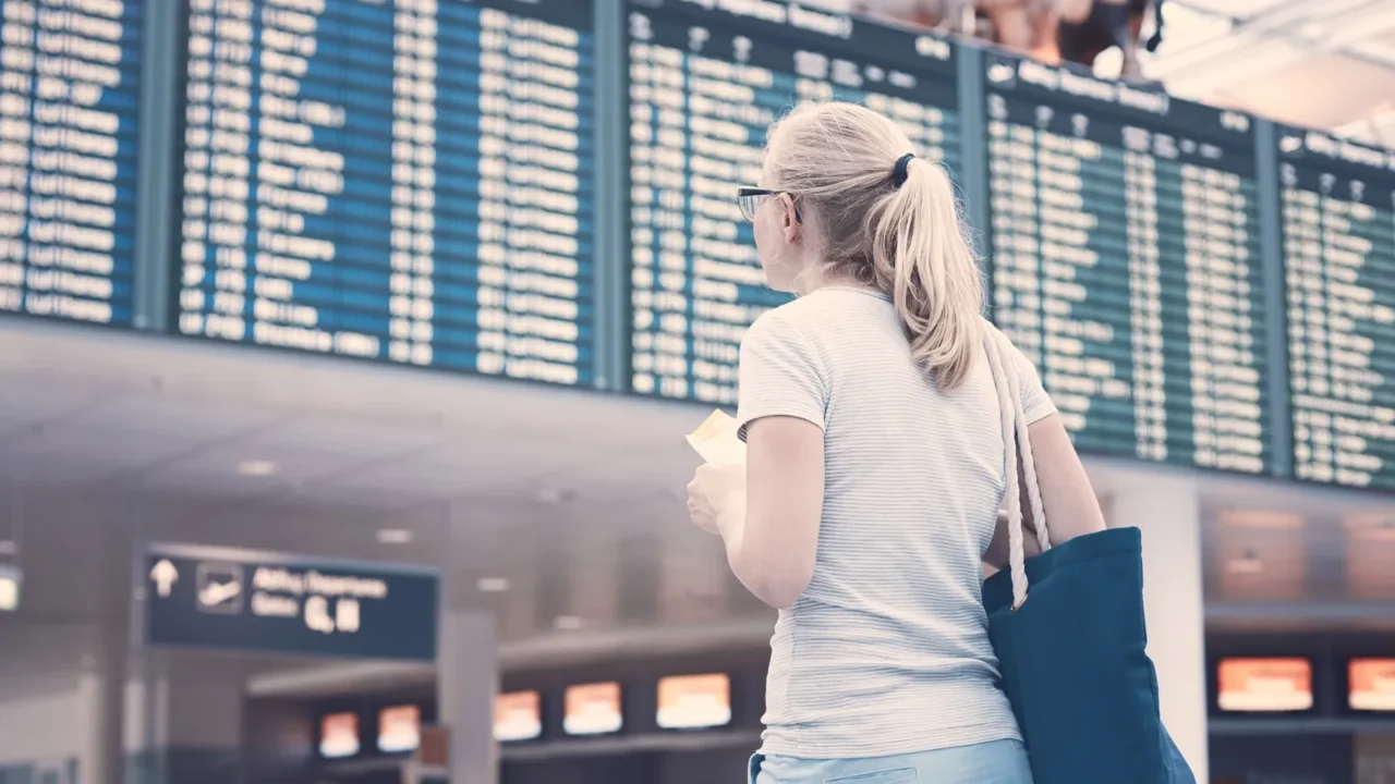 girl near airline schedule