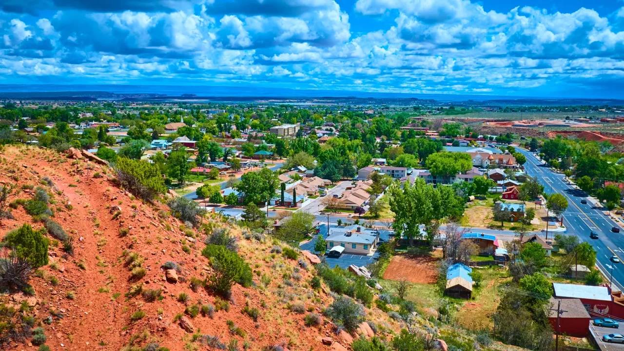 highangle aerial view of kanab utah shows red sandstone hills