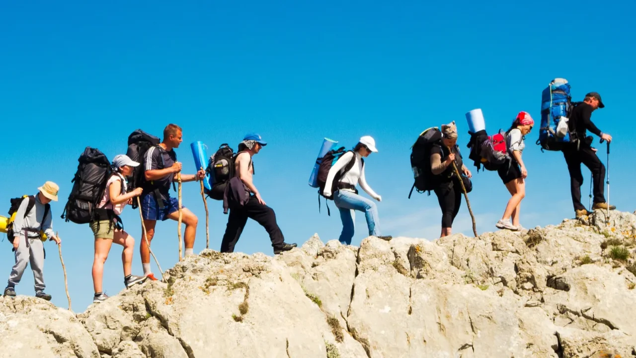 hikers group trekking in crimea