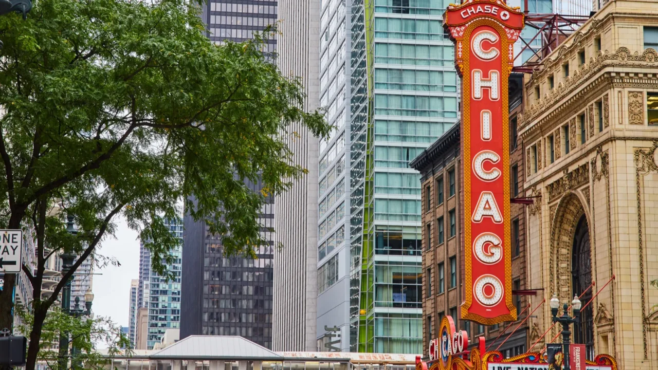 image of large orange sign with chicago in white lettering