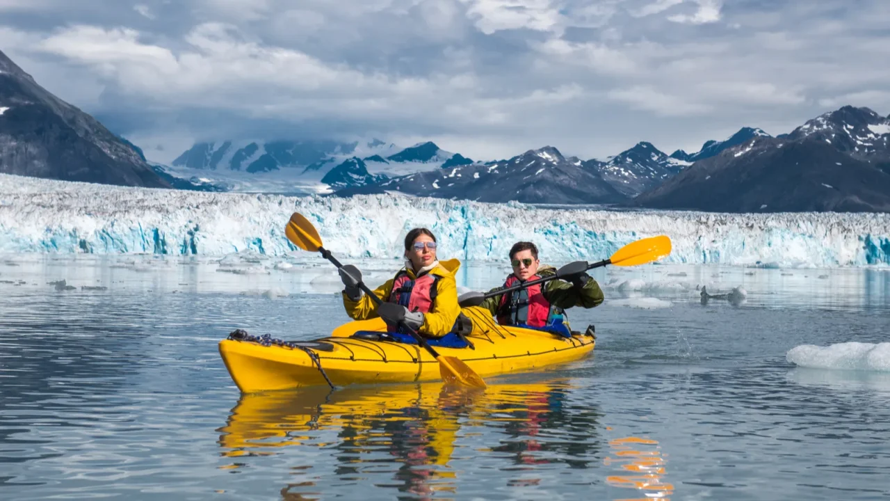 kayak glacier woman man people group friends life climate change