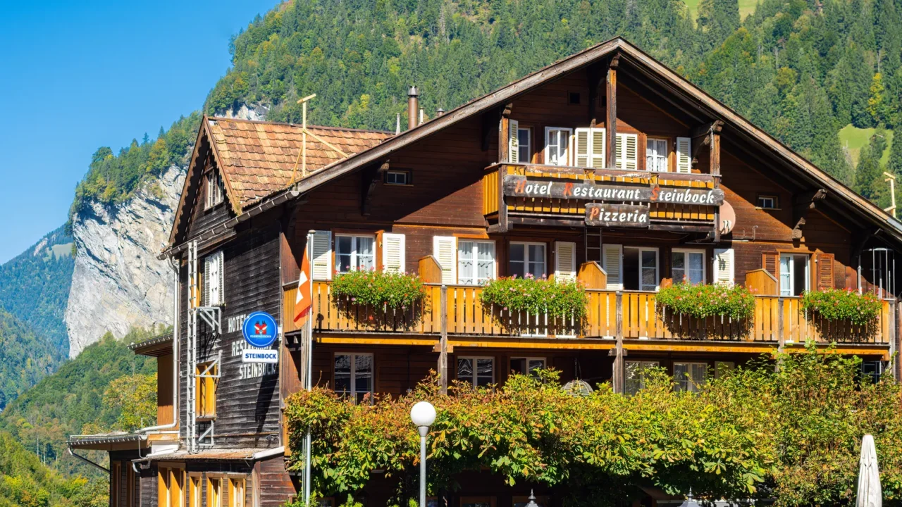 lauterbrunnen switzerland  october 2 2025 charming wooden chaletstyle hotel