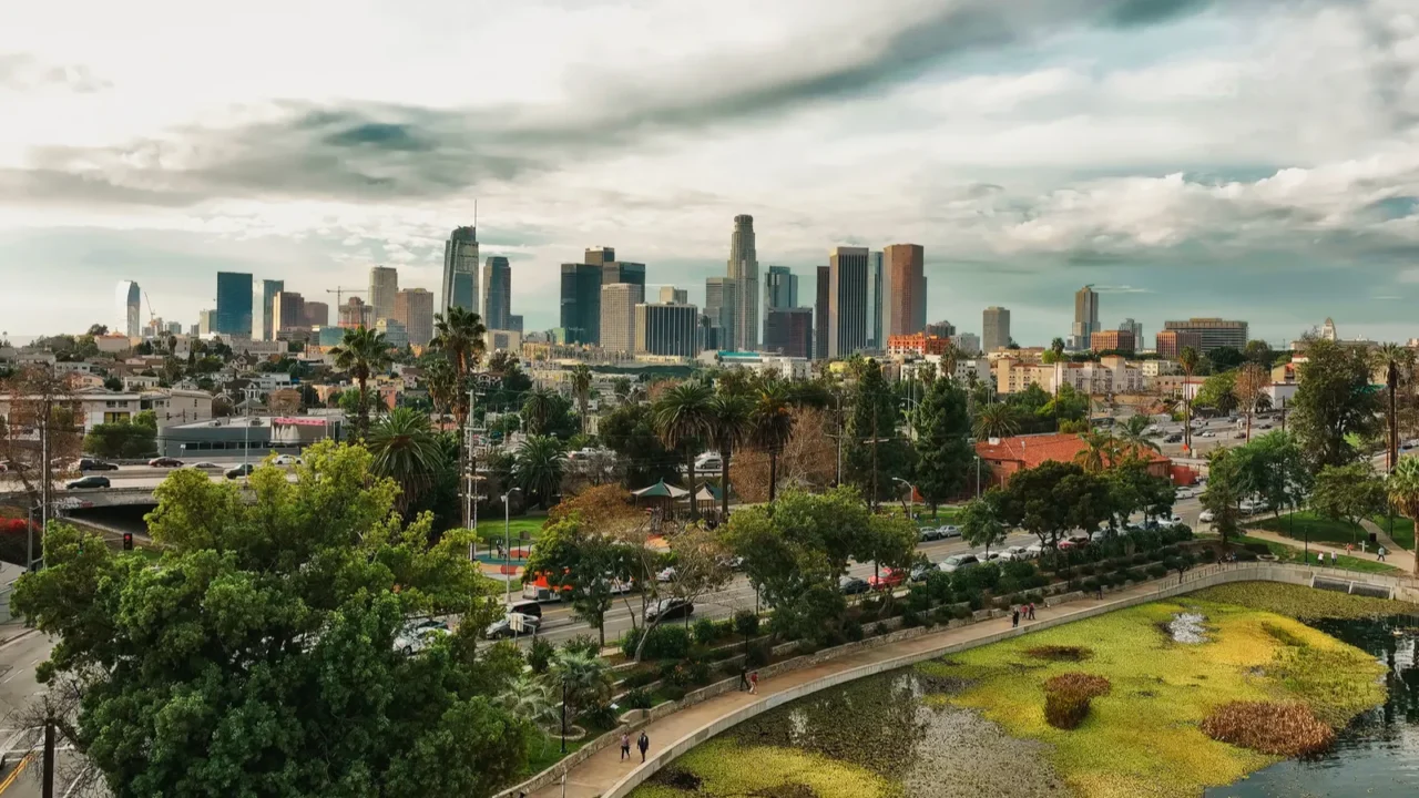 los angeles city aerial view on downtown cityscape of los