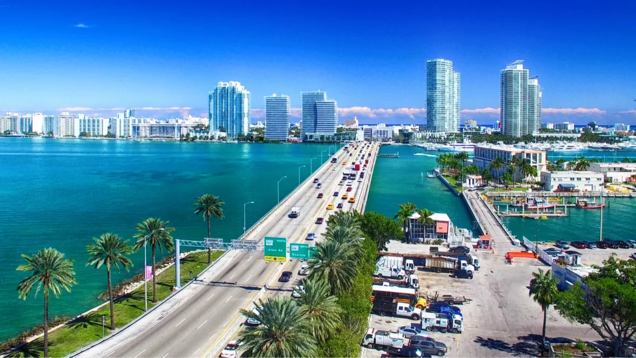 macarthur causeway and miami skyline from the air