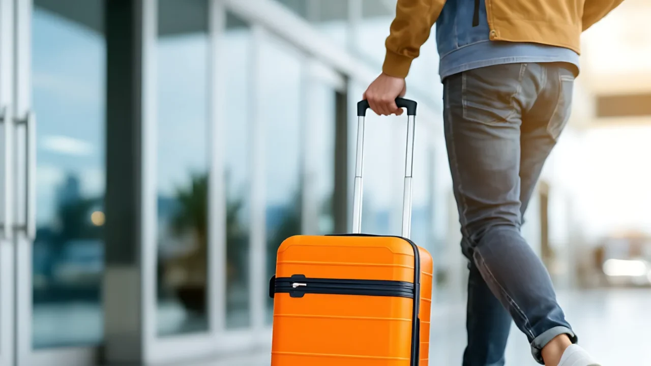 man with orange suitcase walking through airport terminal