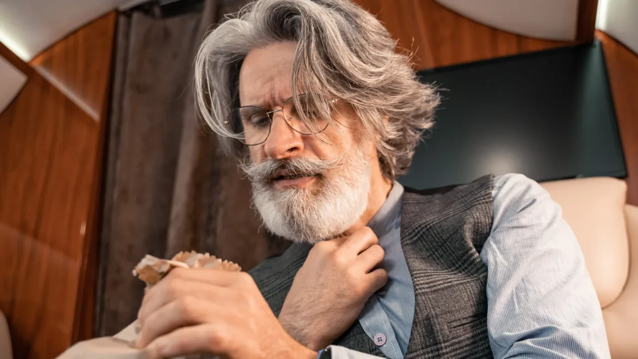 mature man holding air sickness bag in private plane