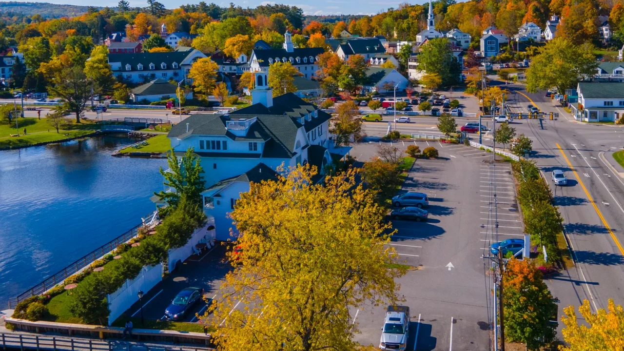 meredith town center with fall foliage aerial view in fall