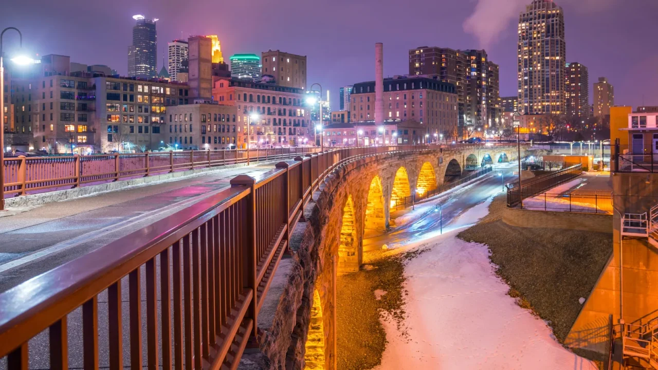 minneapolis downtown skyline in minnesota usa at sunset