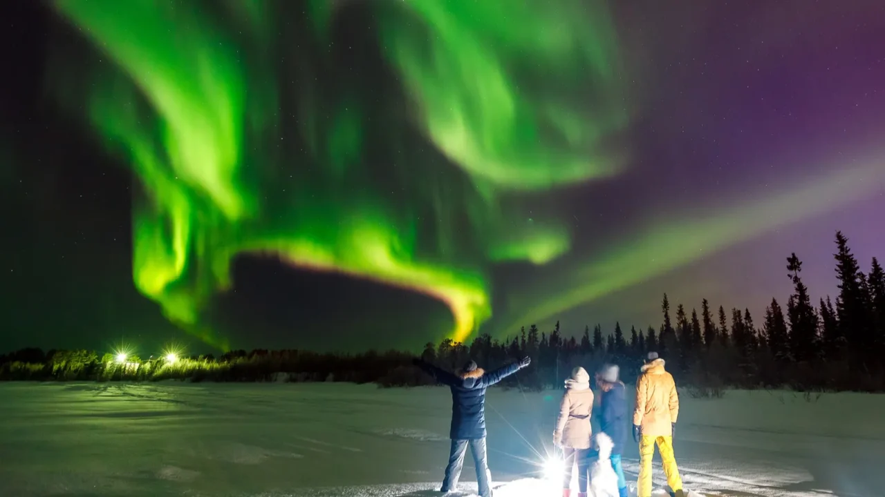 multicolored green violet vibrant aurora borealis polaris northern lights in