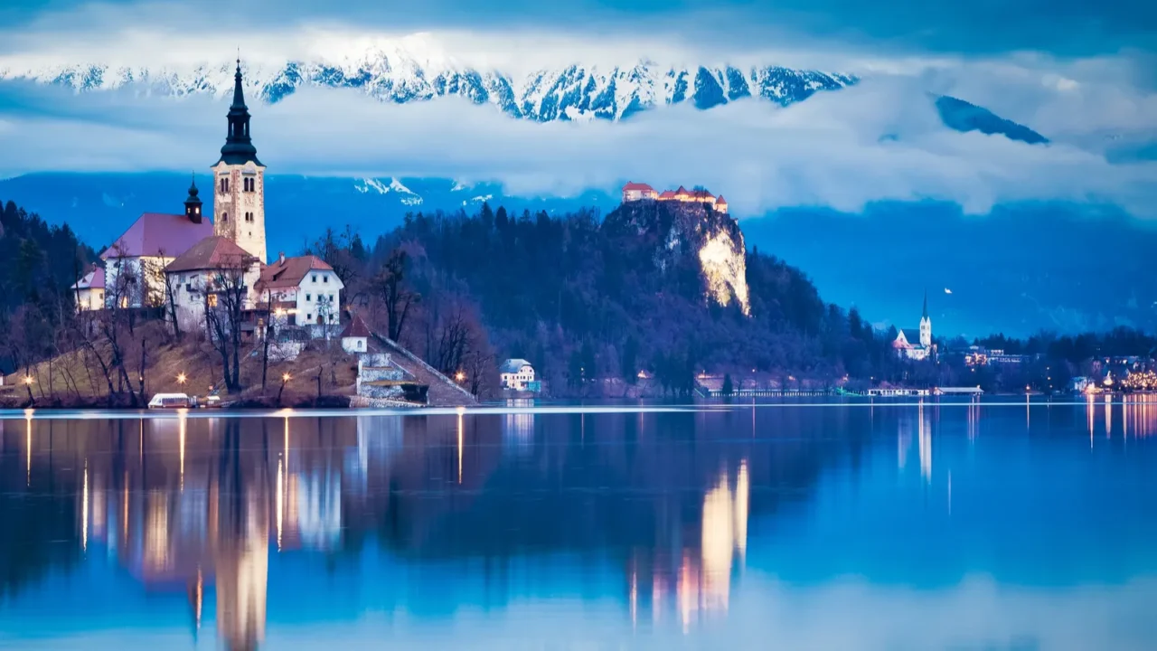night scenery at bled lake with church on island