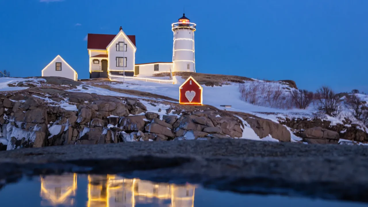 nubble lighthouse in maine at night time