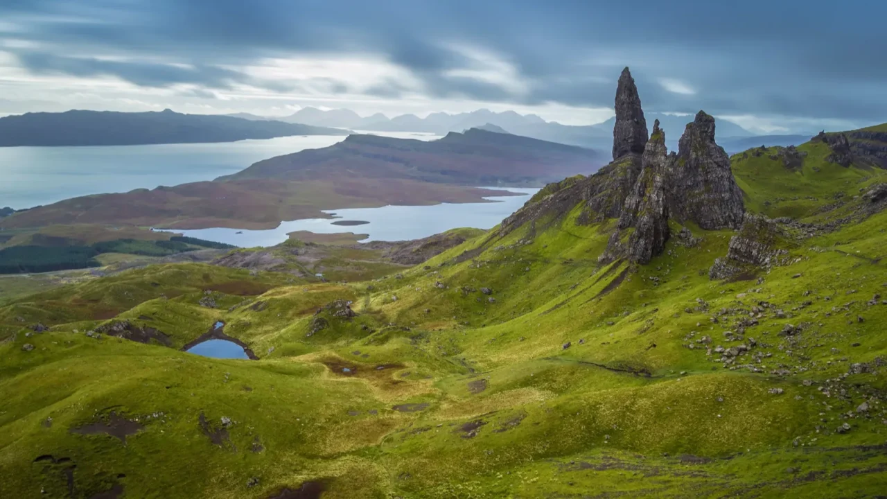 old man of storr scottish highlands in a cloudy morning