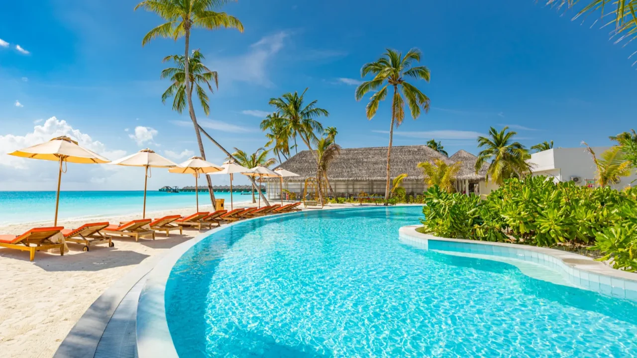 outdoor tourism landscape luxurious beach resort with swimming pool and