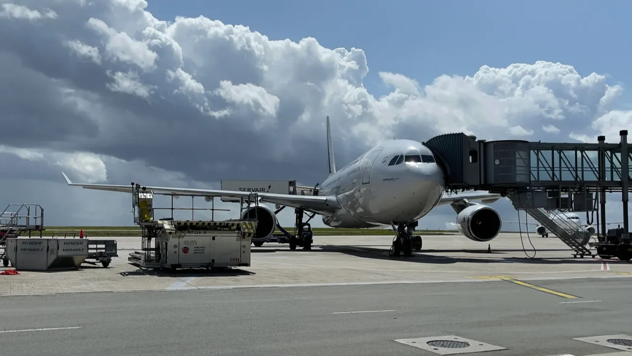 parisfrance august 82021 airplane at charles degull airport ready for