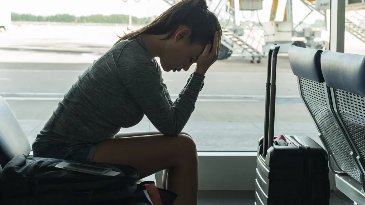 passenger waiting at the airport terminal stressed about missing her