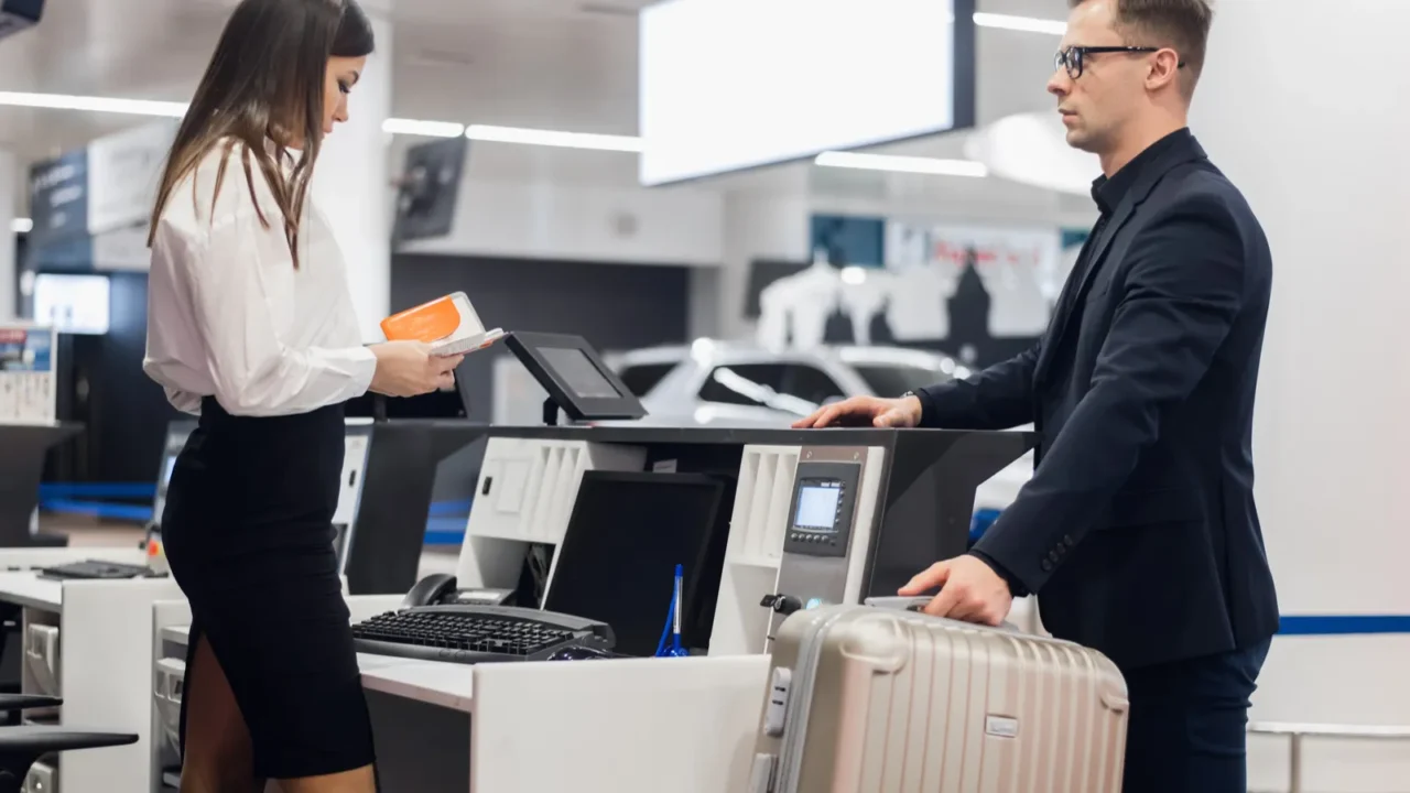 passenger weighing luggage at airport check in
