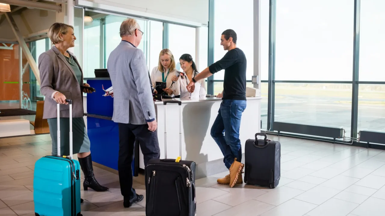 passengers with luggage standing while receptionists working at