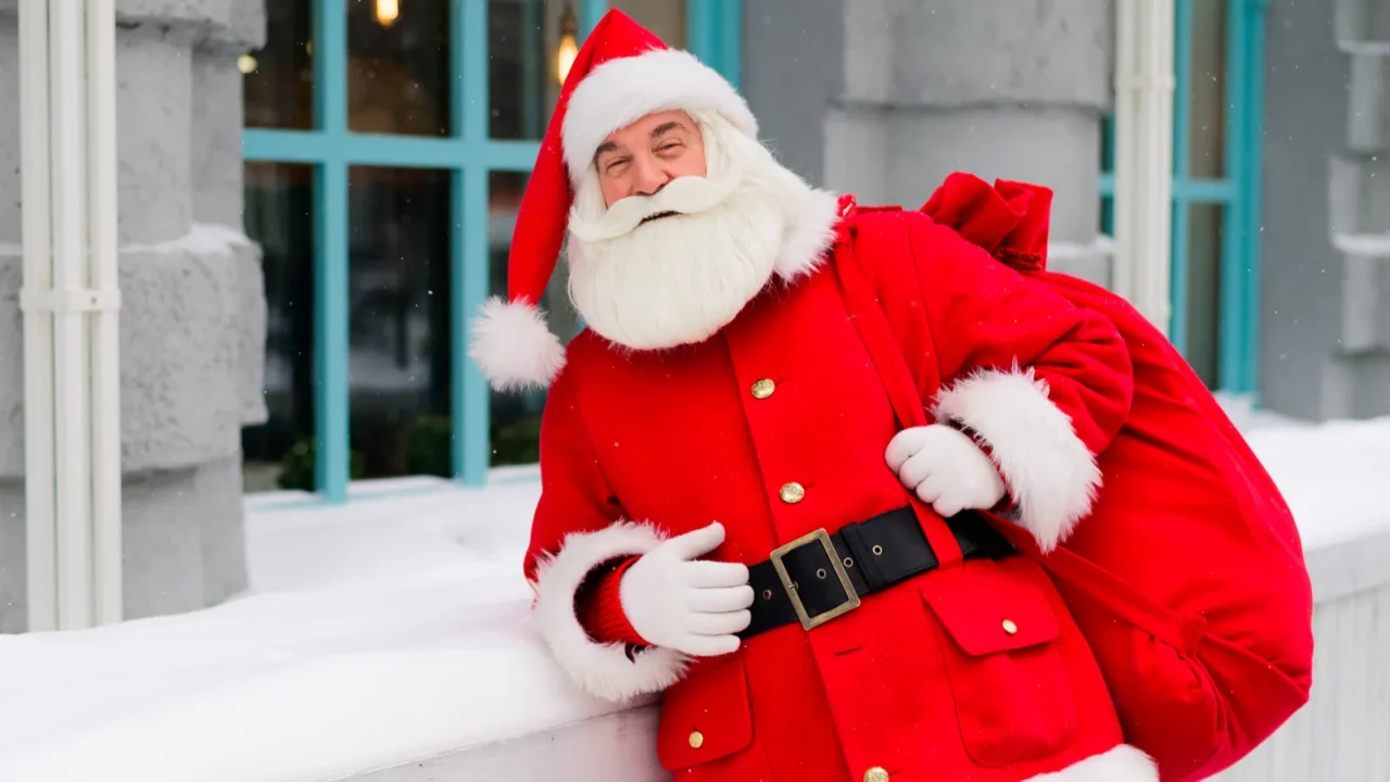 pensive santa claus is leaning against the facade of a