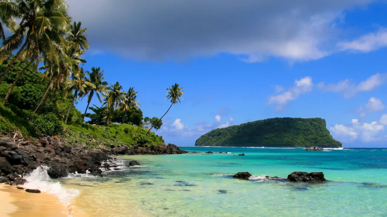 polynesian fisherman boat dock on white golden sandy lalomanu beach