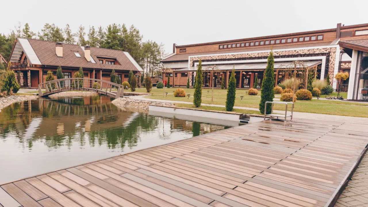 pond and countryside cottages