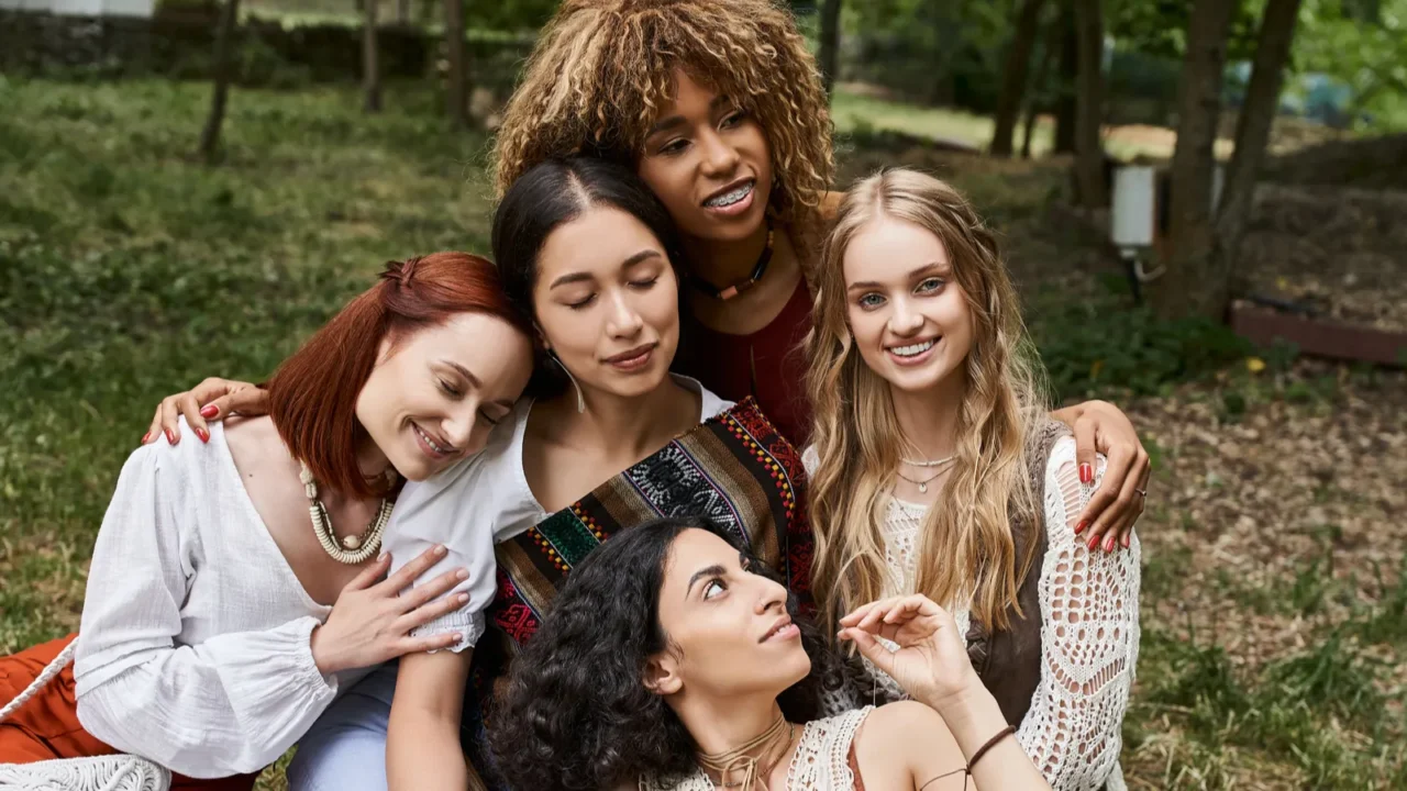 positive multiethnic women in boho outfits hugging while sitting on