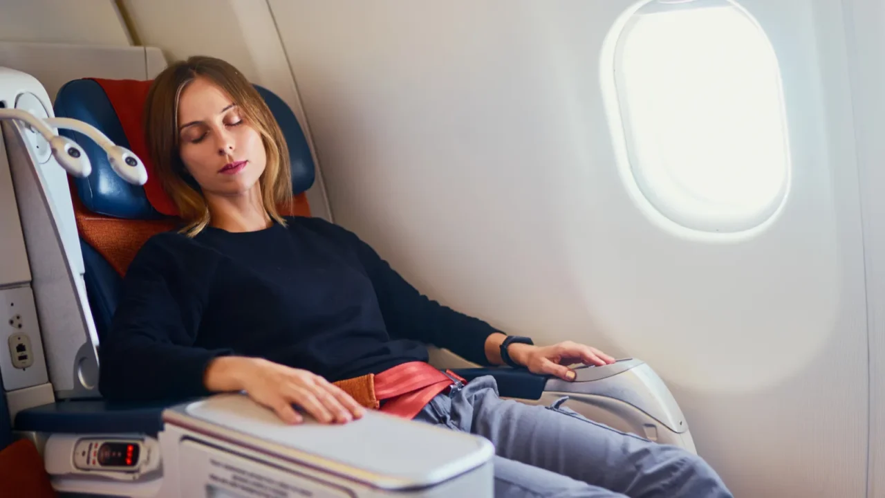 pretty young woman sleeping in airplane