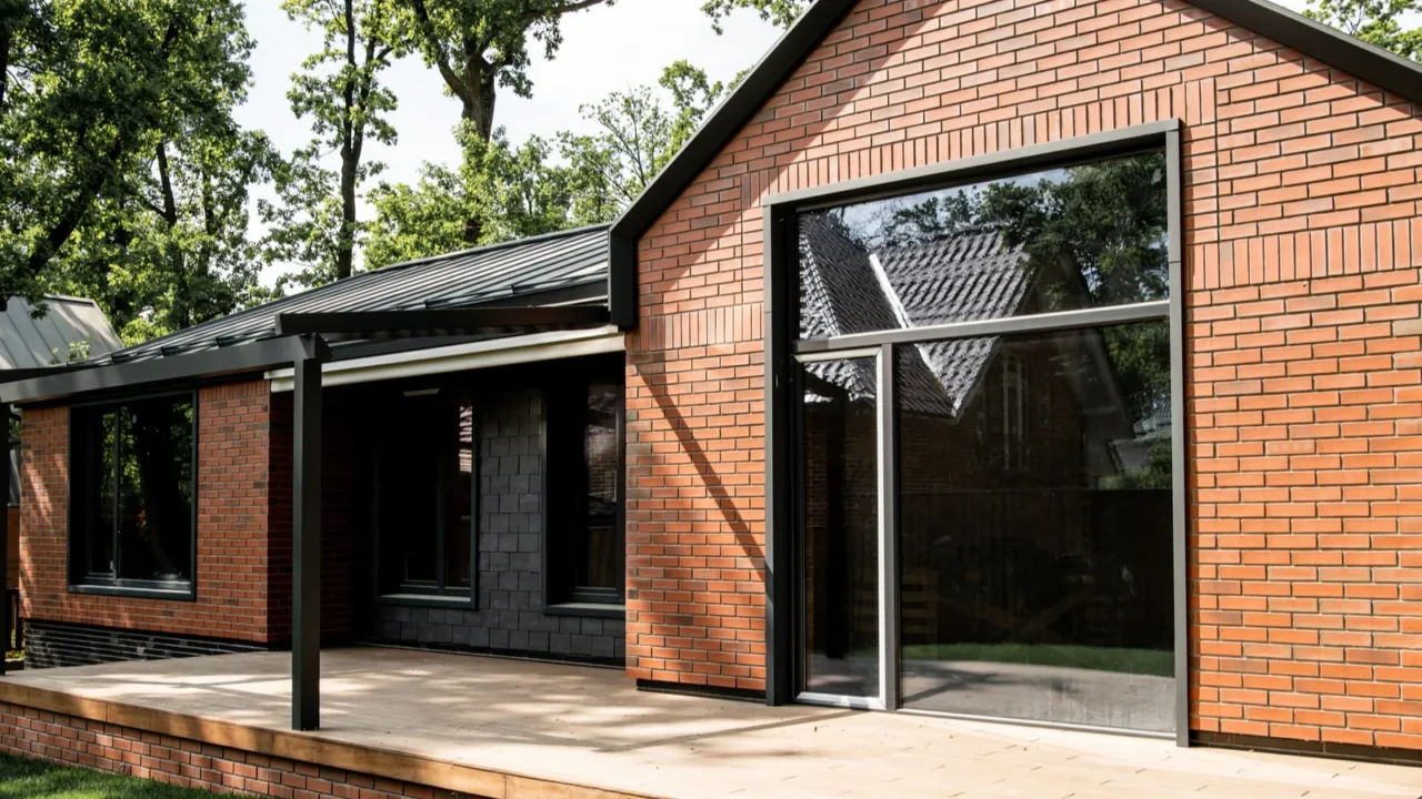 property market brick cottage with large panoramic windows patio green