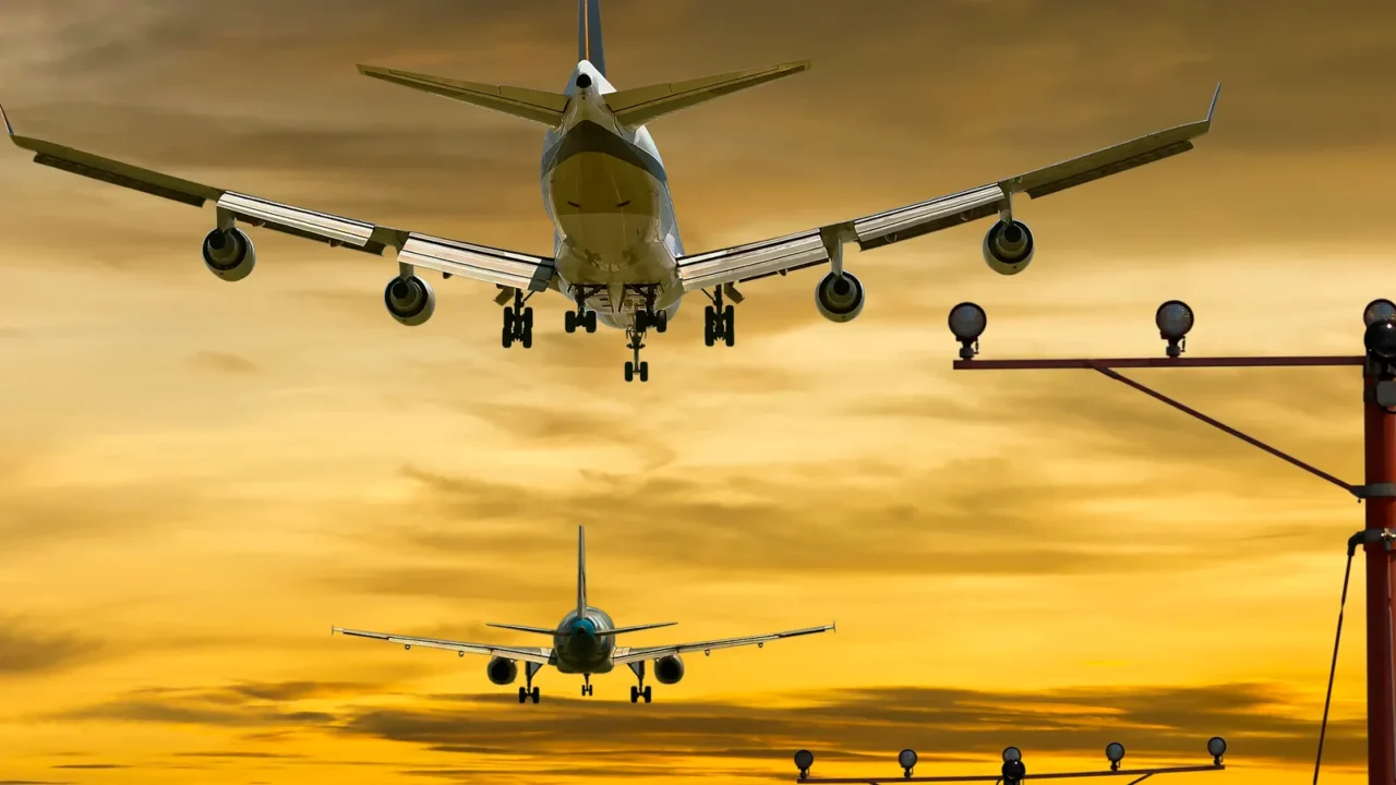 rear view of two airplanes for commercial passenger or cargo