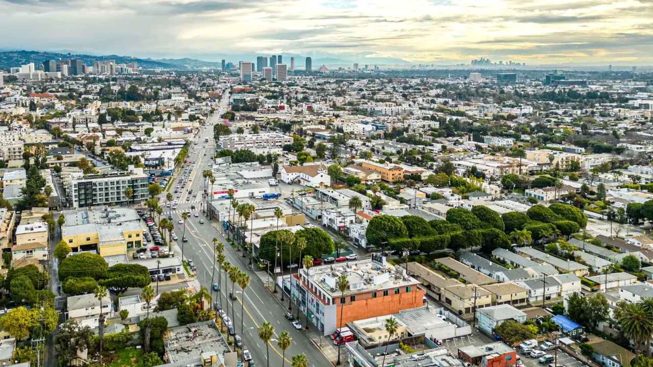 santa monica downtown view to los angeles california aerial panorama