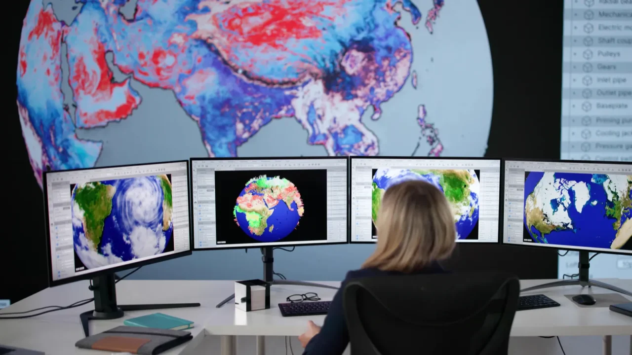 scientist analyzing global warming and weather forecast map on computer