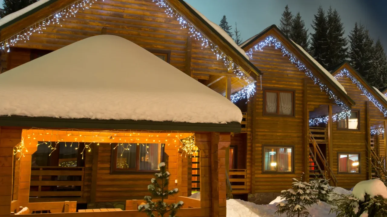 ski chalets at night