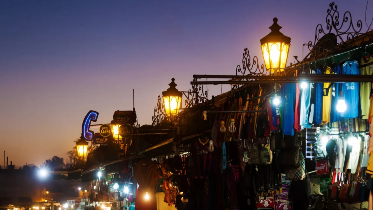 souks at the square djemaa el fnaa in marrakech morocco