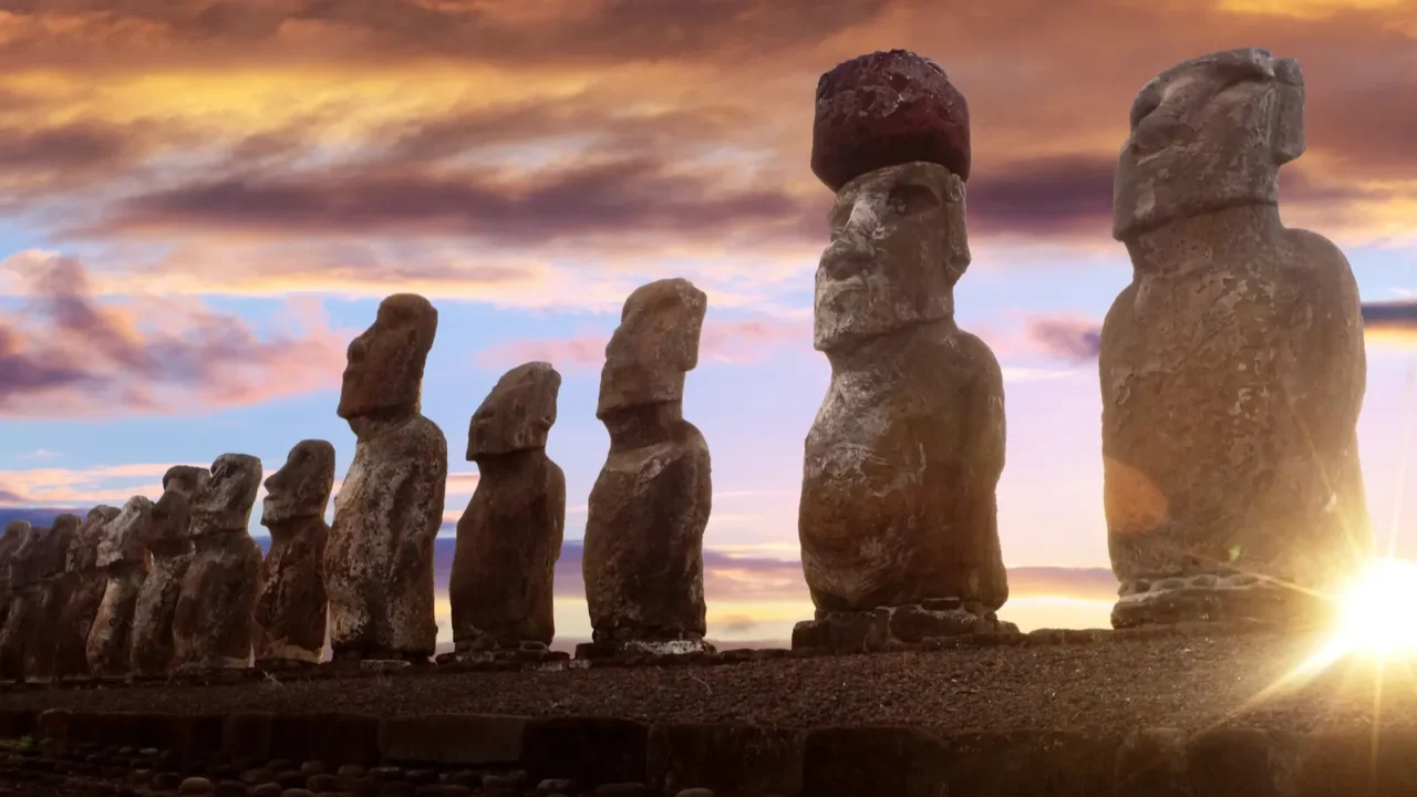 Standing moai in Easter Island against rising sun and orange sky.