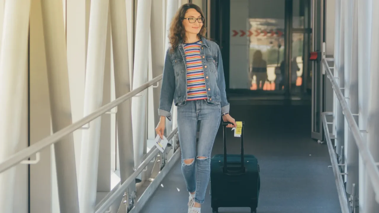 a young smiling woman is boarding with her trolleysuitcase hand