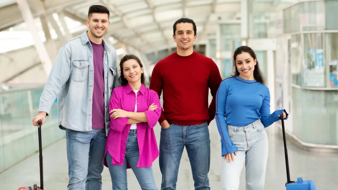 suitcase squad two happy couples friends hugging posing with their