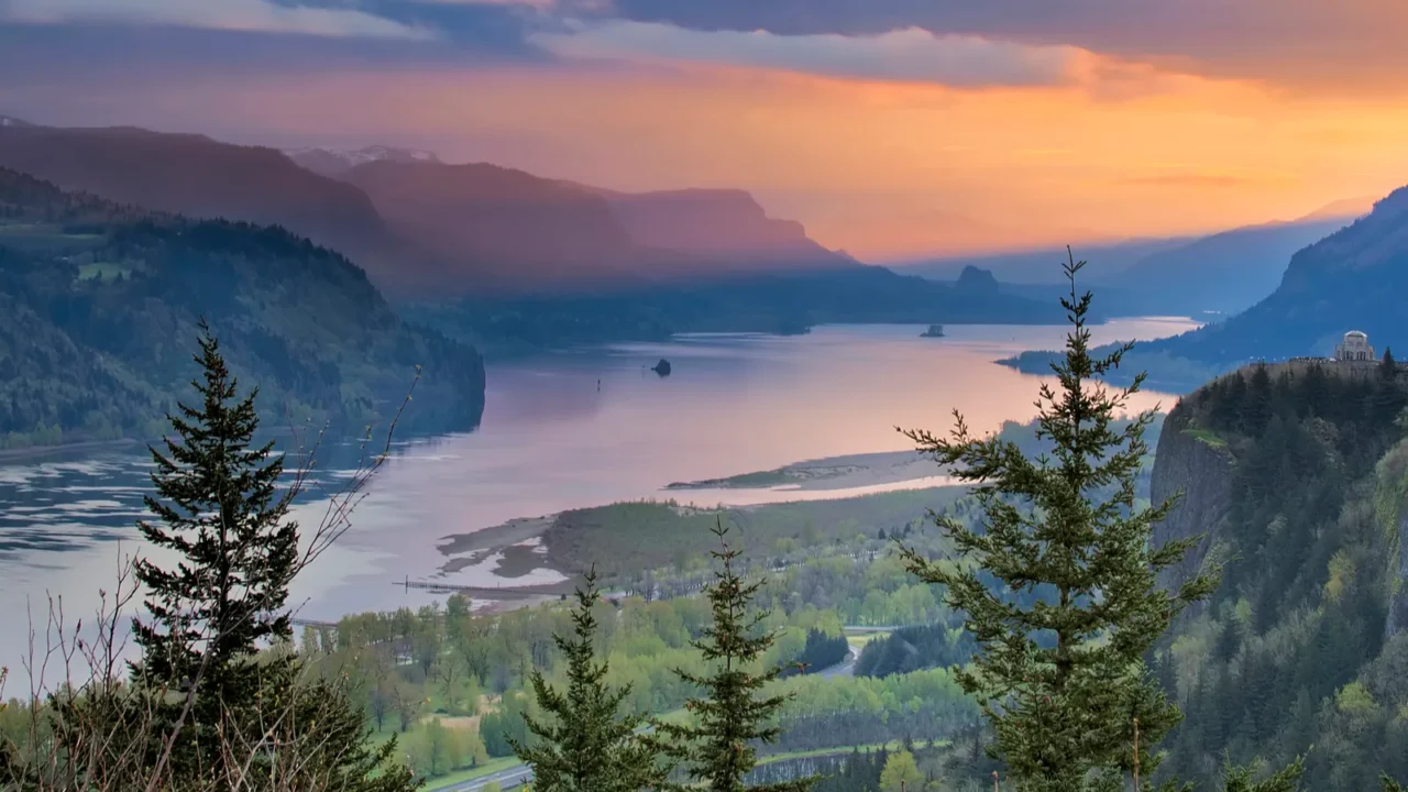 sunrise over crown point at columbia river gorge