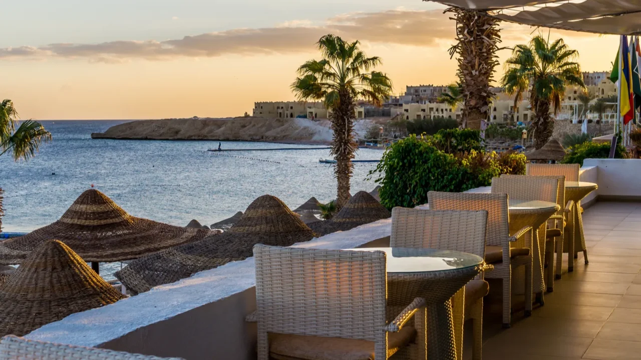 sunset over the resort area of the red sea coast