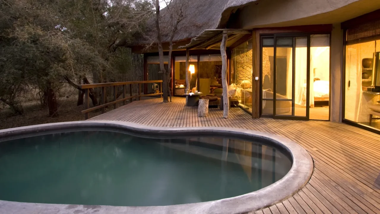 swimming pool on a deck at a lodge