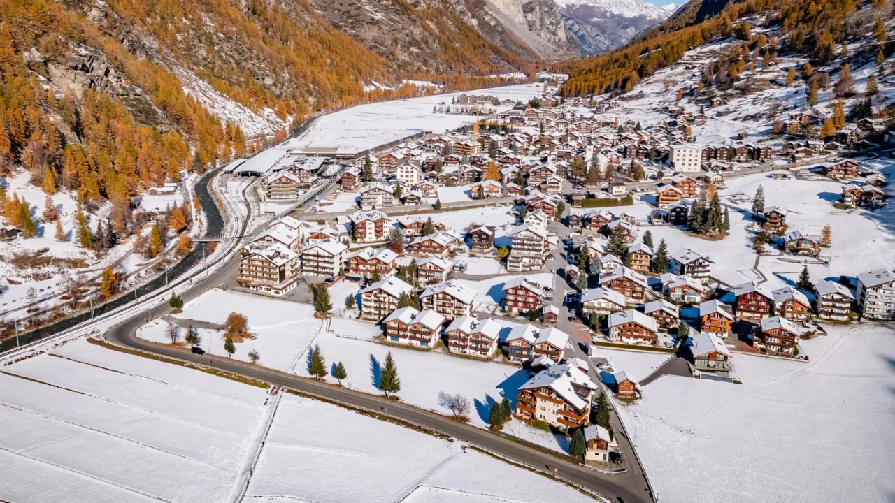 tasch a town in switzerland in the winter aerial view