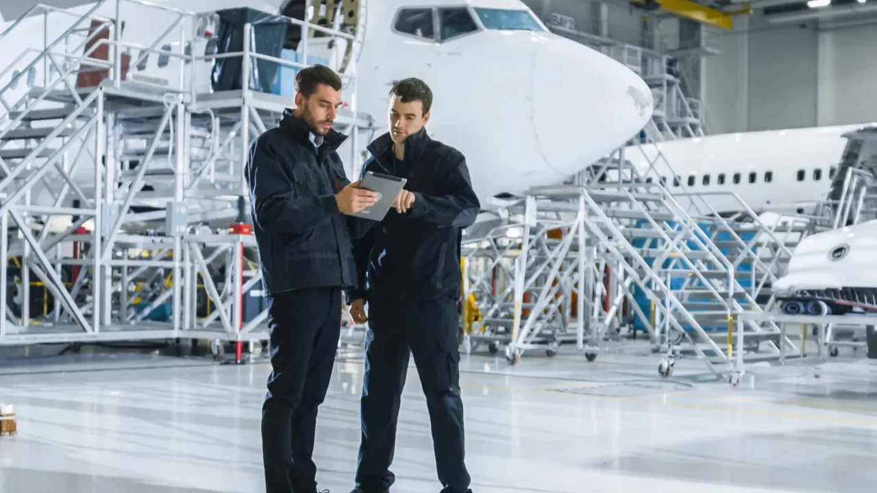 team of aircraft maintenance mechanics looking at airplane