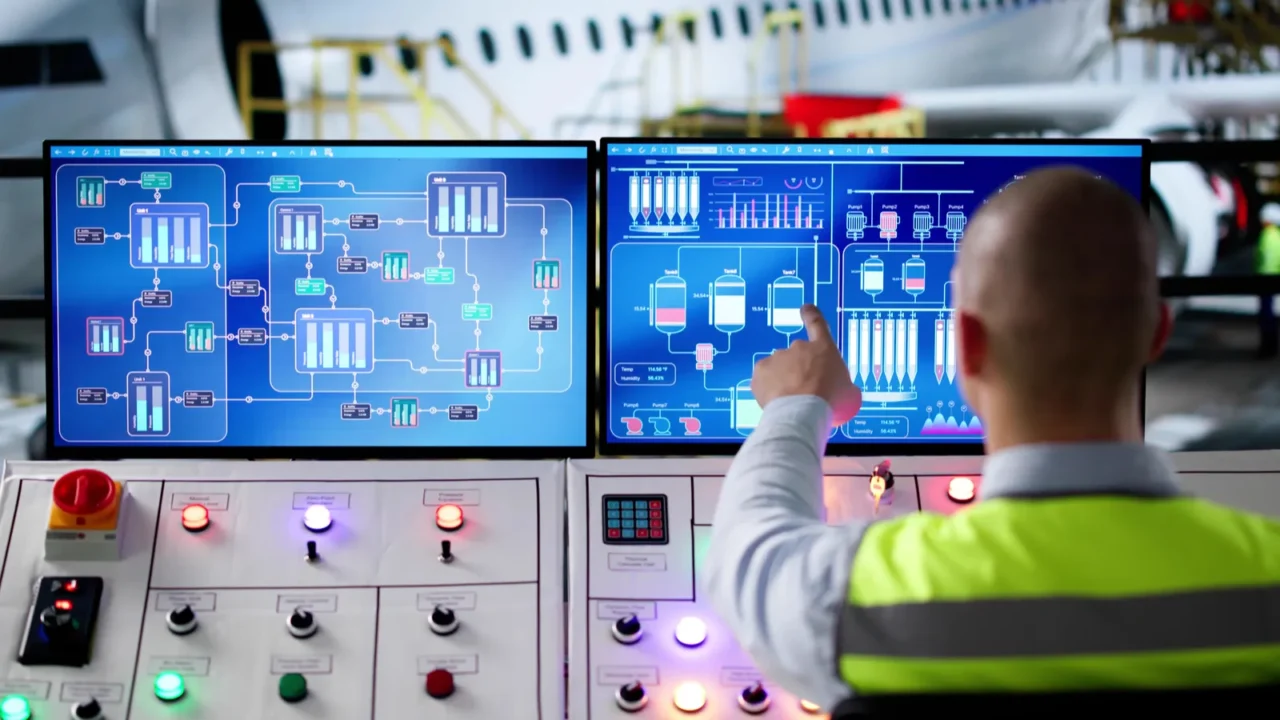 technical monitoring at aircraft maintenance hangar in airport