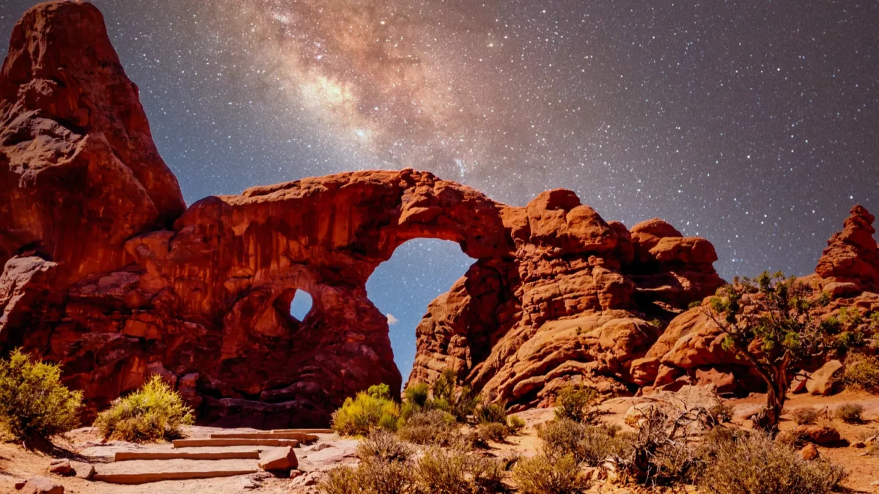 the night sky and milky way over the delicate sandstone