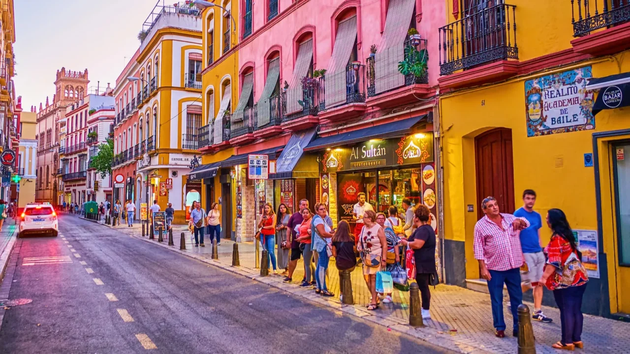 the queue at the bus stop in seville spain