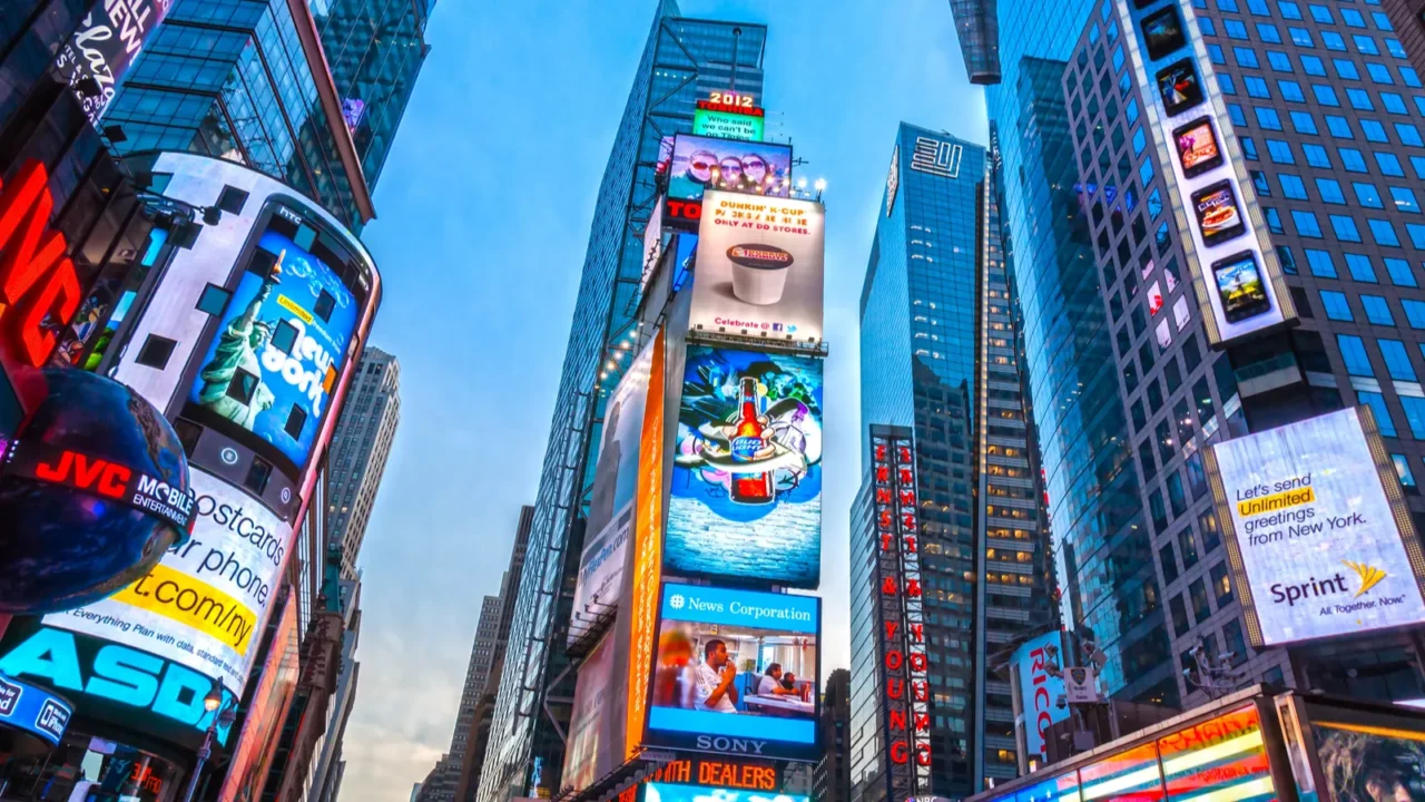 times square featured with broadway theaters and animated led signs