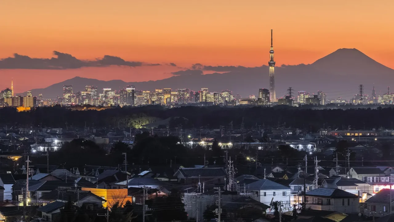 tokyo skytree and mount fuji at twilight time in winter
